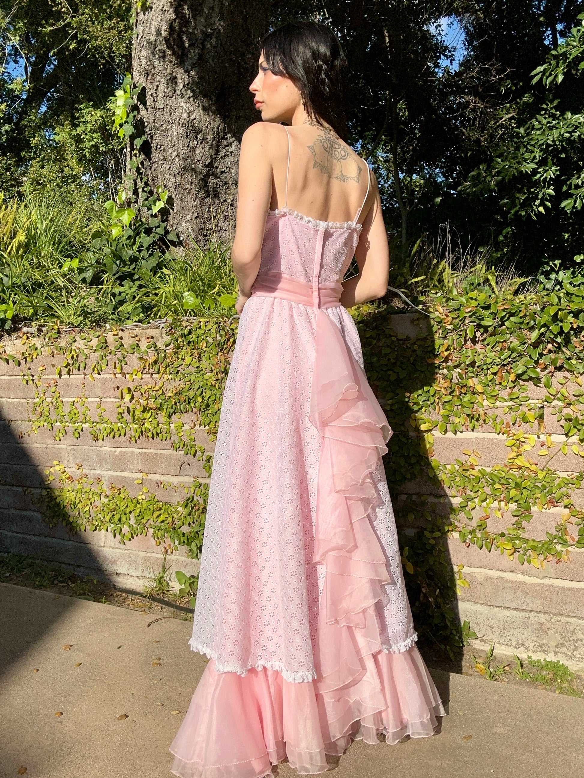 Vintage 1970's Baby Pink Chiffon and Cotton Eyelet Maxi Dress sacredgardenvintage Vintage 1970's Baby Pink Chiffon and Cotton Eyelet Maxi Dress sacredgardenvintage