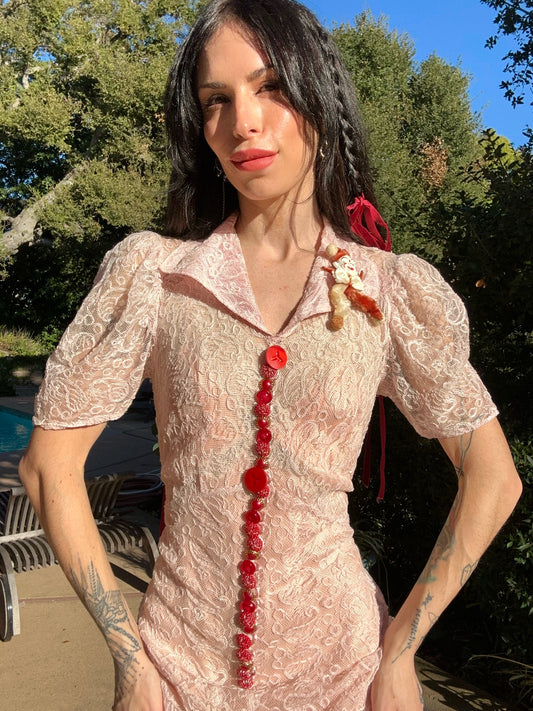 Antique 1930's Pink Lace Dress with Vintage Buttons and Antique Clown Pin