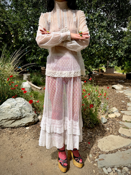 Darling Antique Edwardian Blouse & Skirt Two Piece Set Made from Silk Mesh with Lace Details One-of-One
