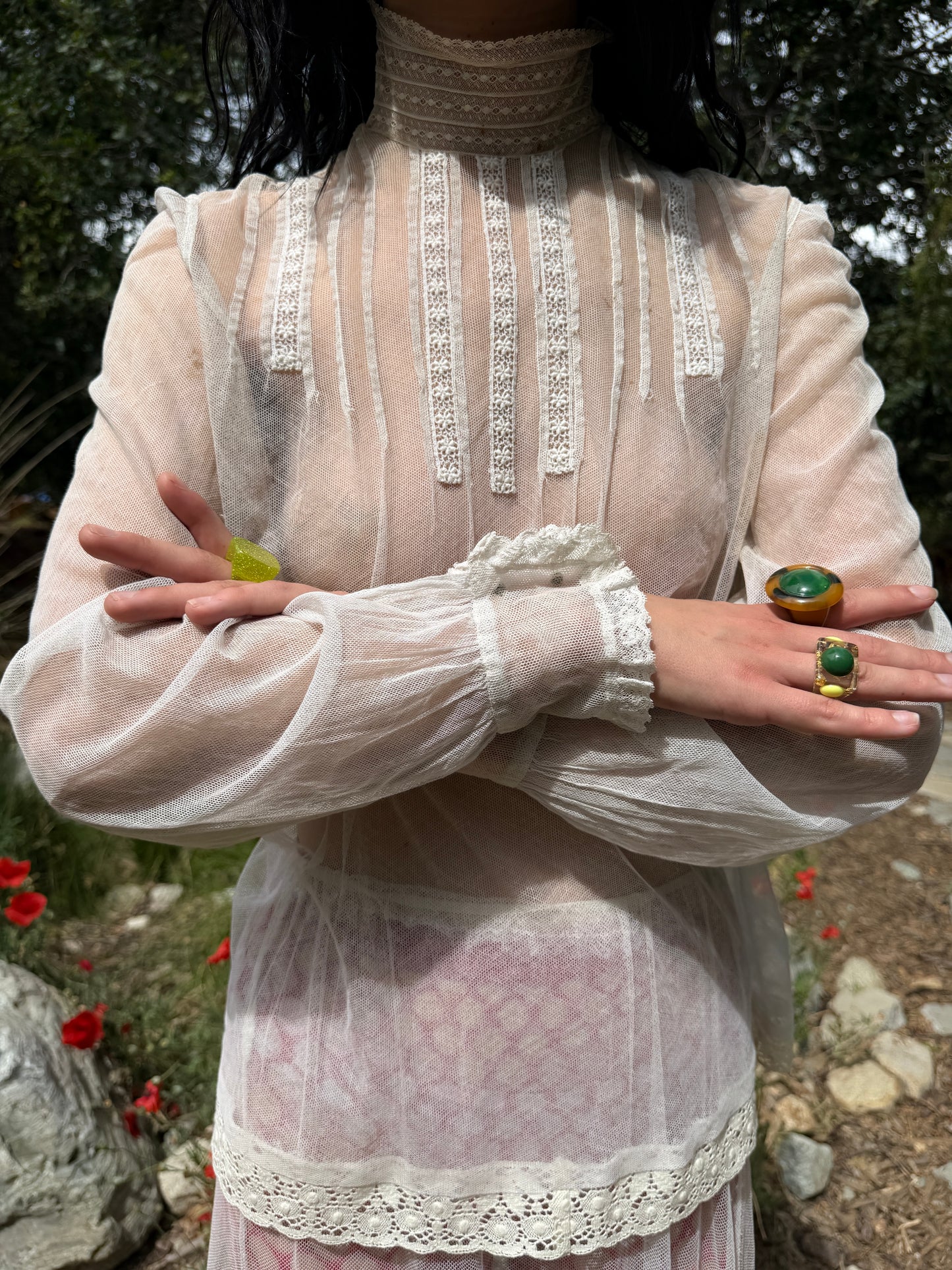 Darling Antique Edwardian Blouse & Skirt Two Piece Set Made from Silk Mesh with Lace Details One-of-One