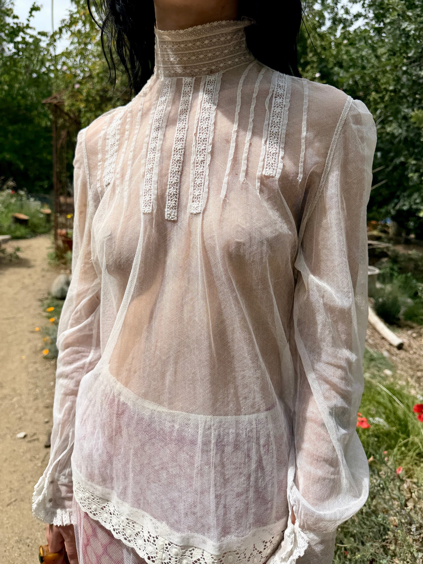 Darling Antique Edwardian Blouse & Skirt Two Piece Set Made from Silk Mesh with Lace Details One-of-One