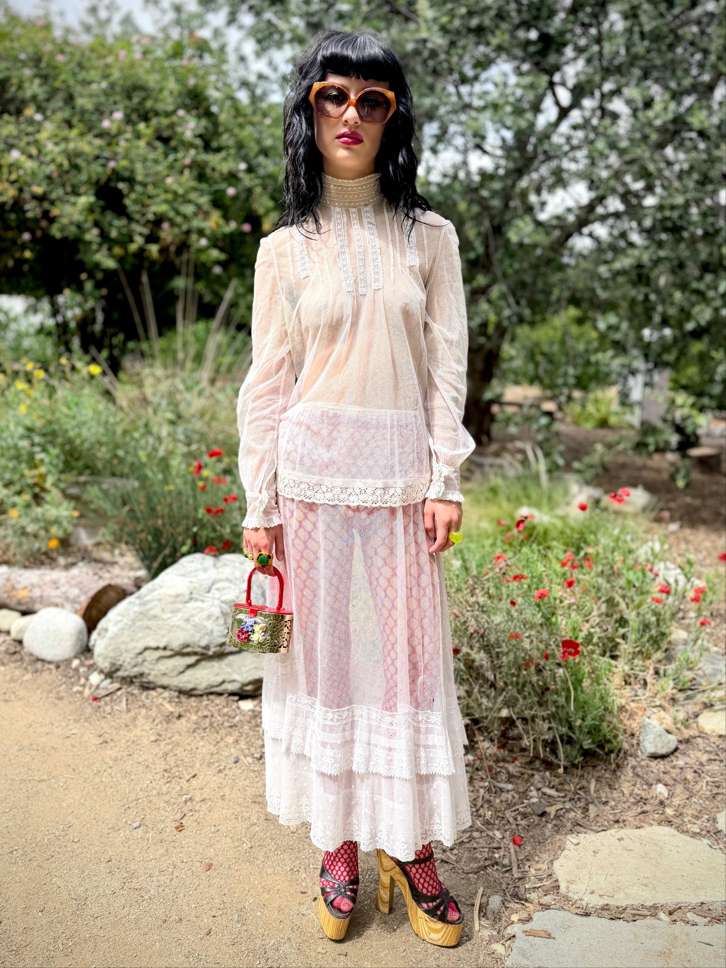 Darling Antique Edwardian Blouse & Skirt Two Piece Set Made from Silk Mesh with Lace Details One-of-One