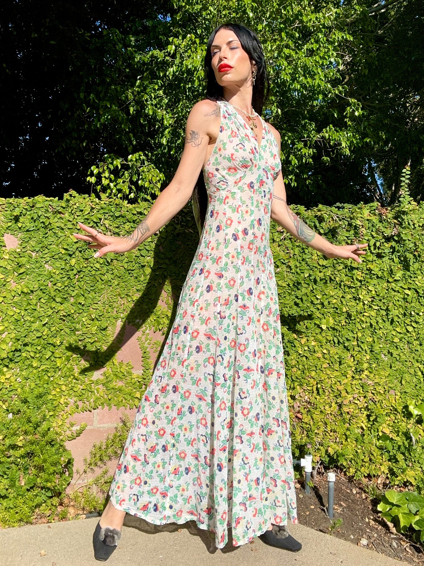 Rare Divine Antique 1930's Swiss Dot Floral Print Bias Cut Gown - Museum Quality