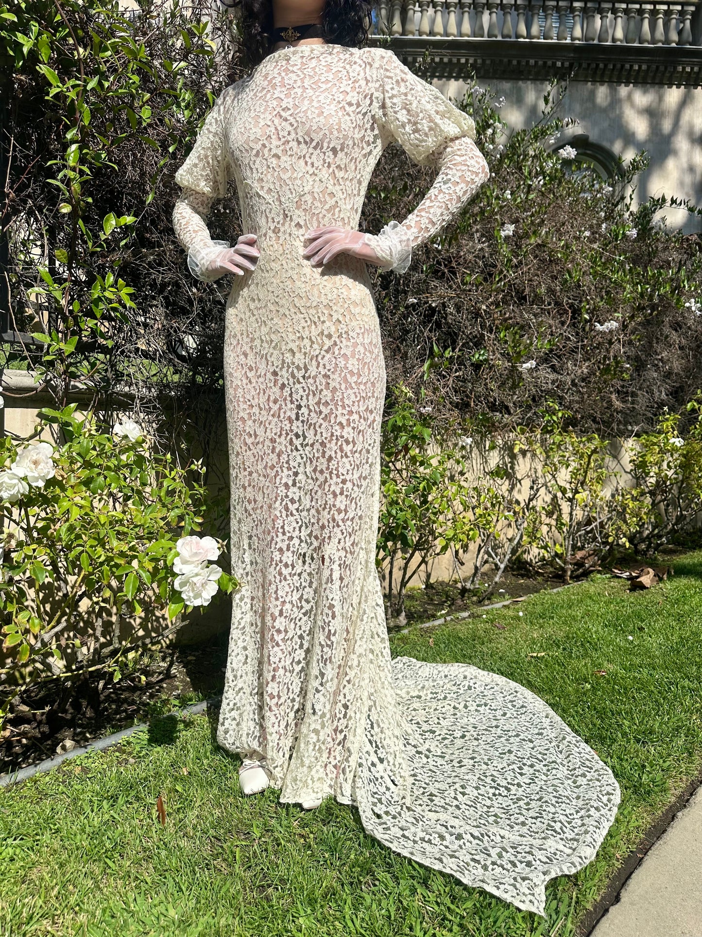 Rare Antique 1930's Art Deco Snow White Lace Wedding Gown With Train