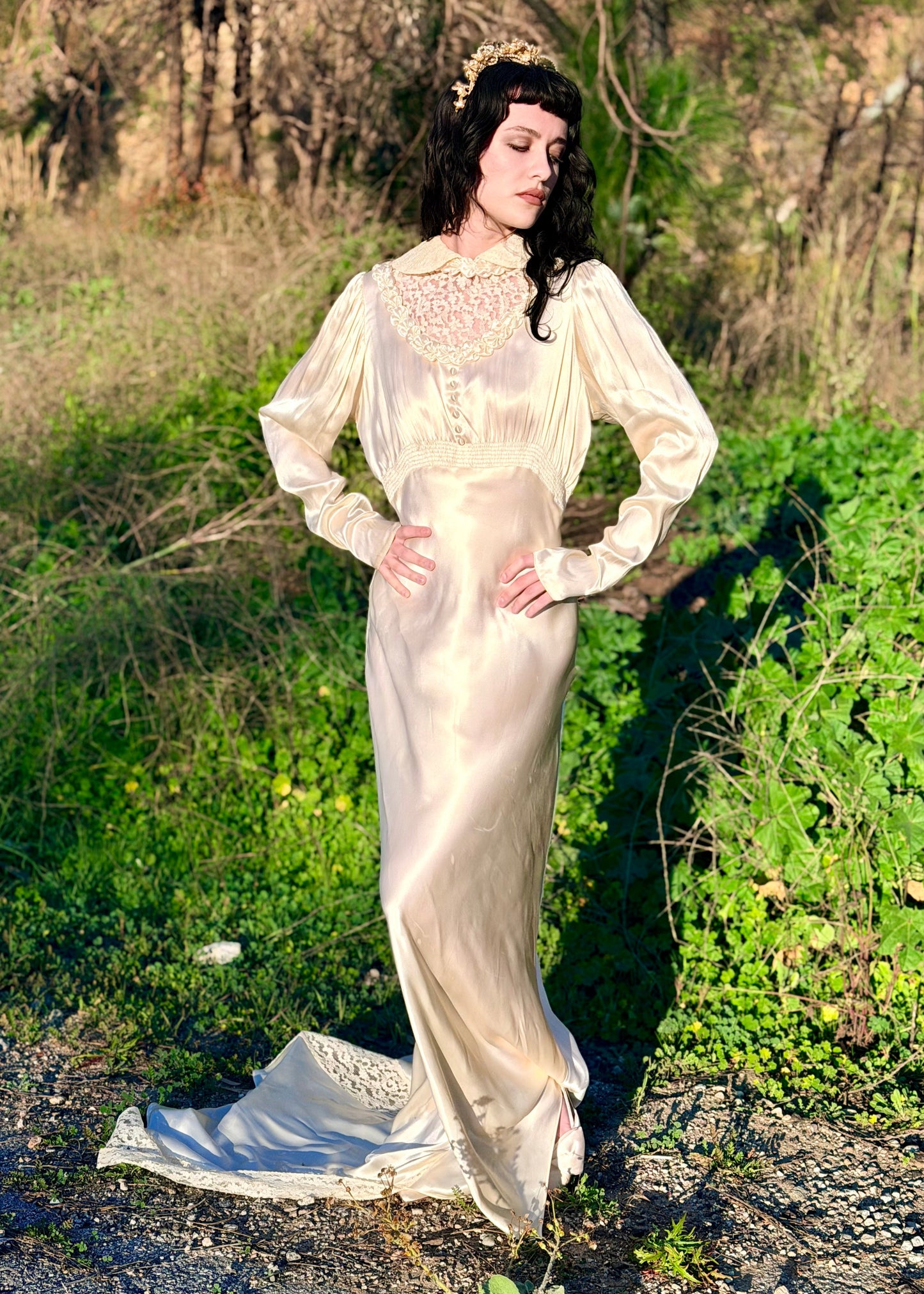 Romantic Antique 1930's Bias Cut Silk Satin Charmeuse in Candlelight Wedding Gown with Unique Chapel Train - Rare size M/L