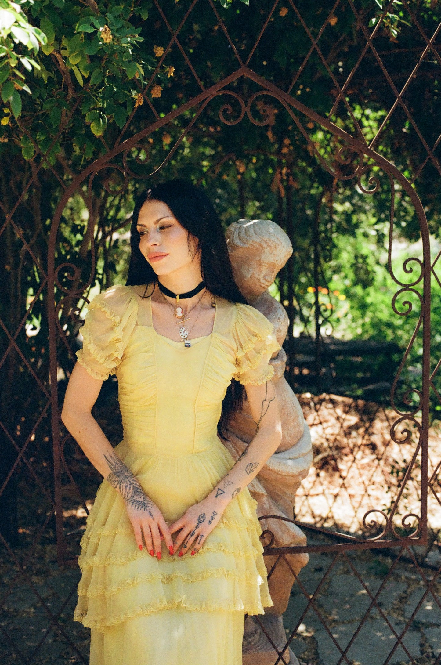 Rare Antique 1930's Silk Chiffon Butter Yellow Dress with Lace Details