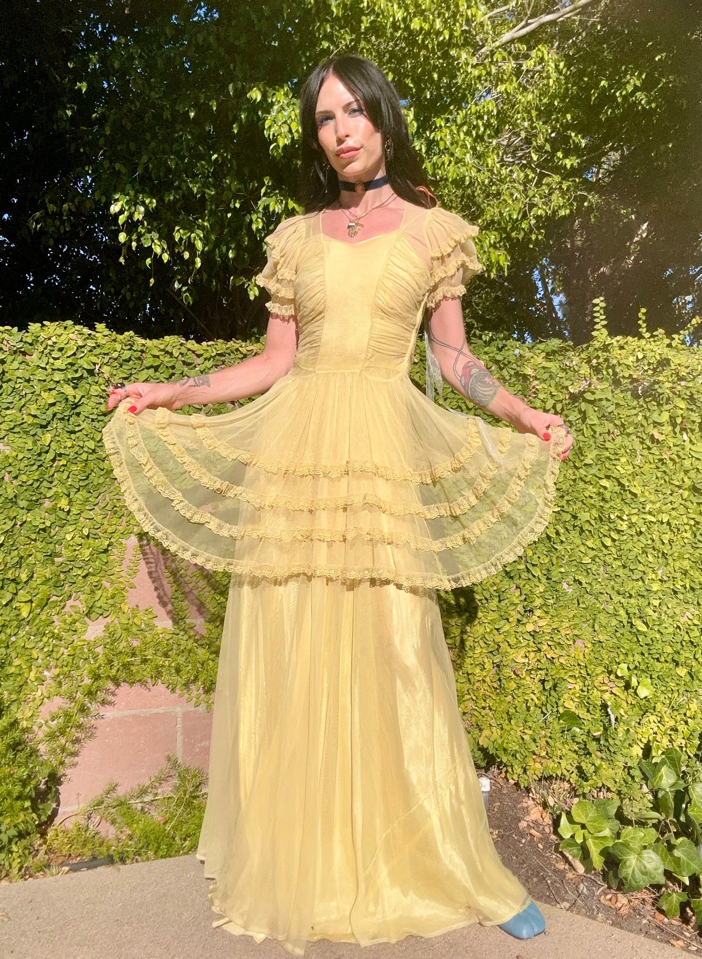 Rare Antique 1930's Silk Chiffon Butter Yellow Dress with Lace Details