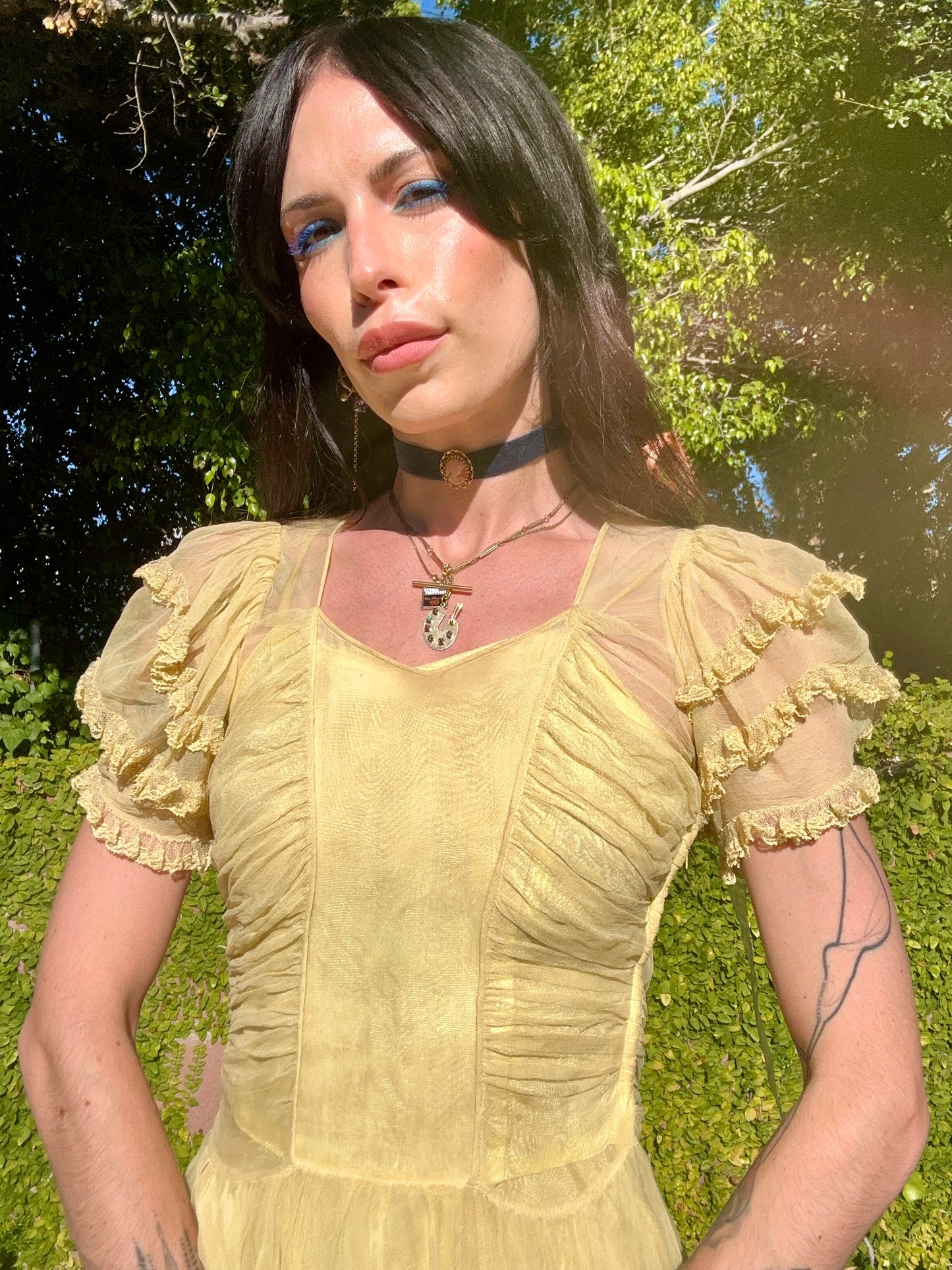 Rare Antique 1930's Silk Chiffon Butter Yellow Dress with Lace Details