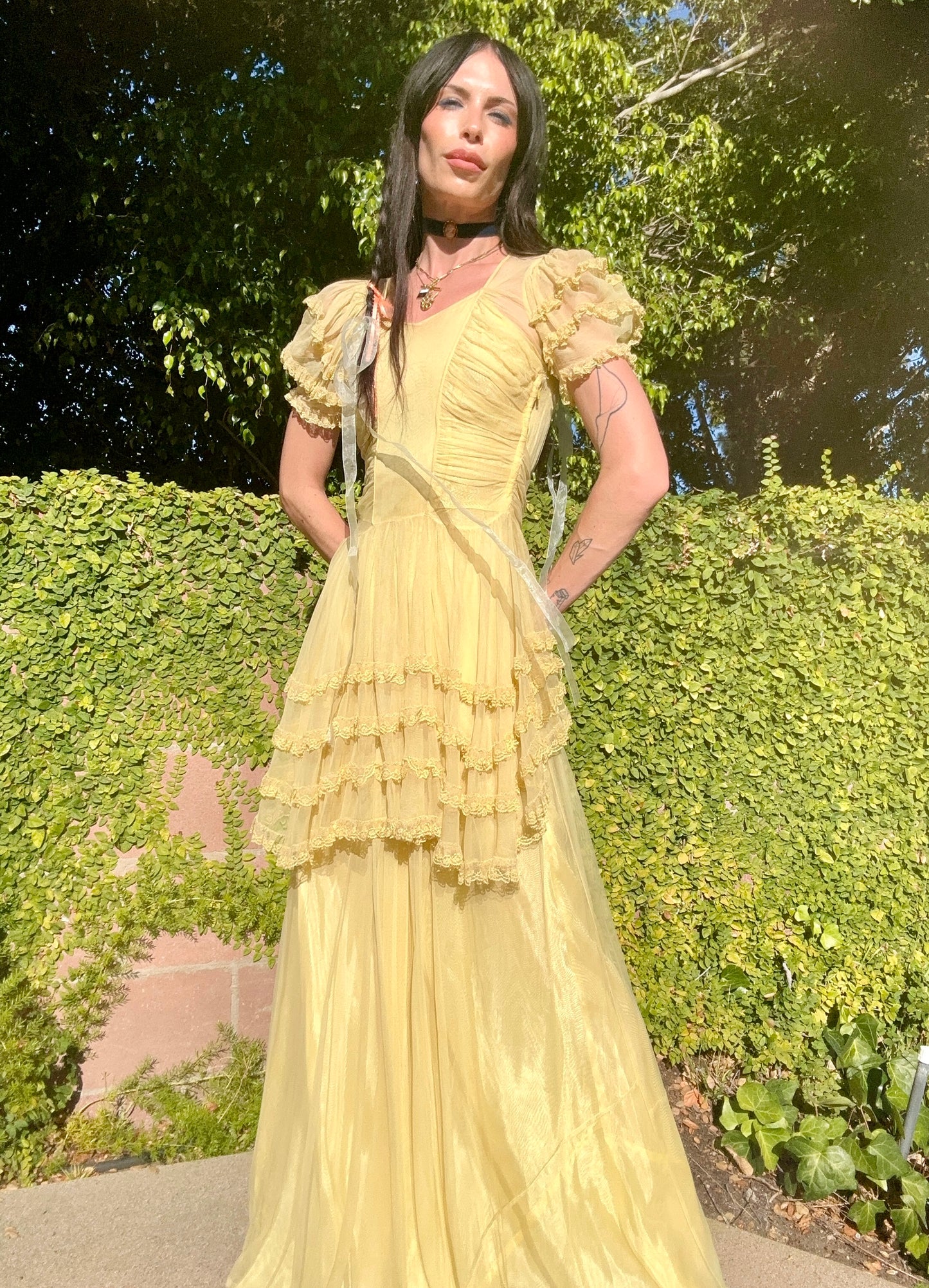 Rare Antique 1930's Silk Chiffon Butter Yellow Dress with Lace Details