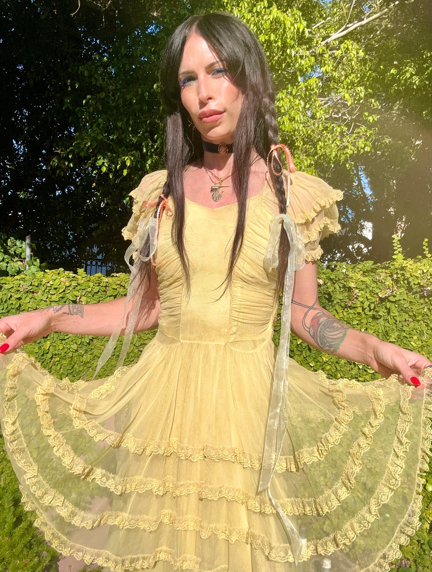 Rare Antique 1930's Silk Chiffon Butter Yellow Dress with Lace Details