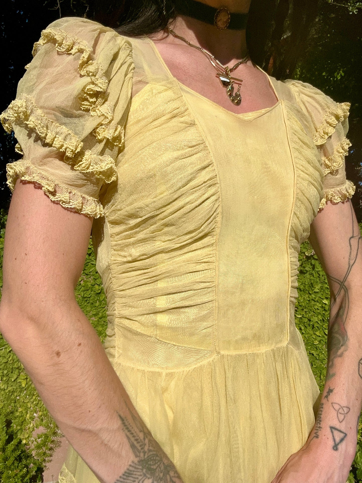 Rare Antique 1930's Silk Chiffon Butter Yellow Dress with Lace Details