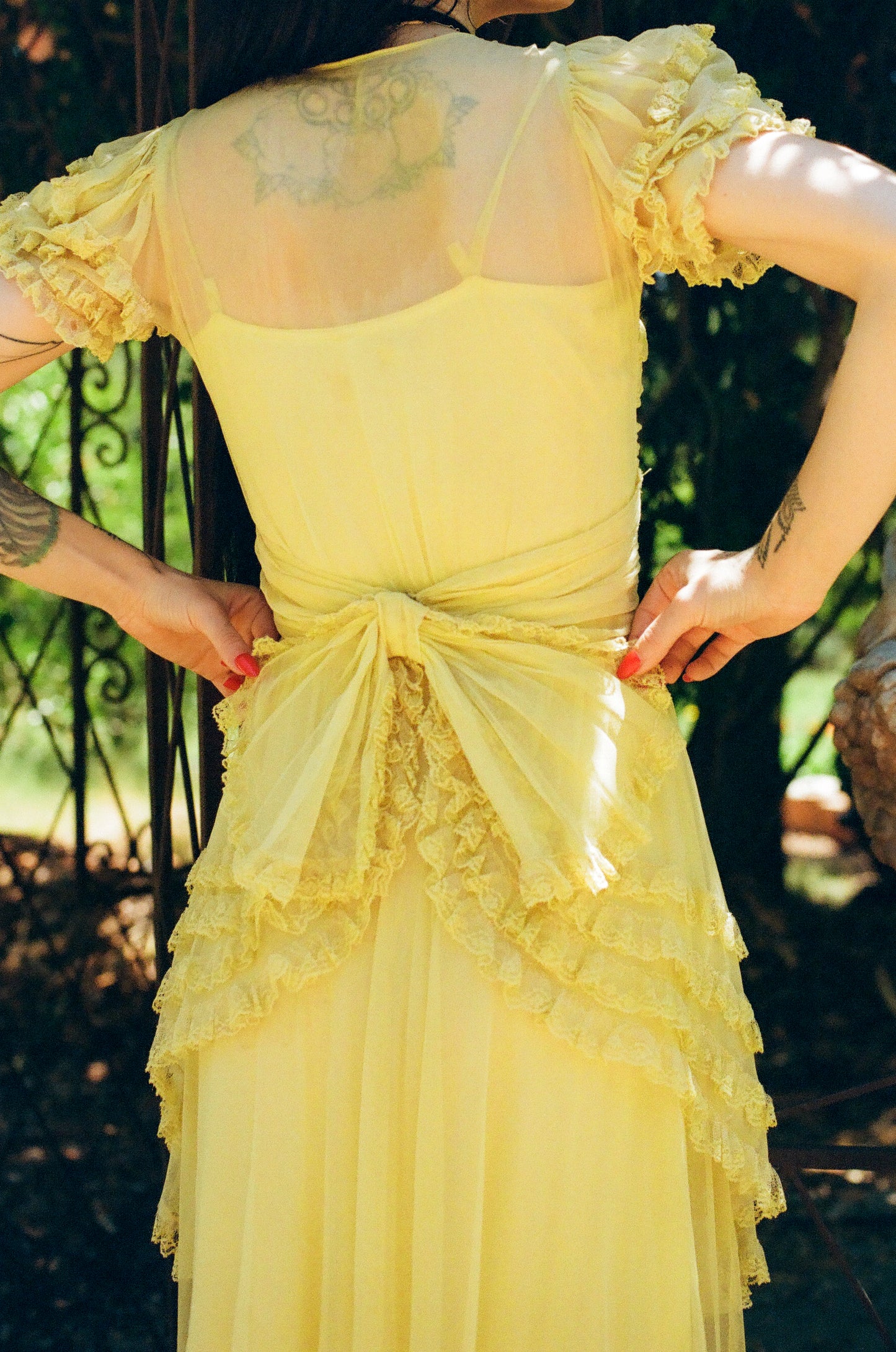 Rare Antique 1930's Silk Chiffon Butter Yellow Dress with Lace Details