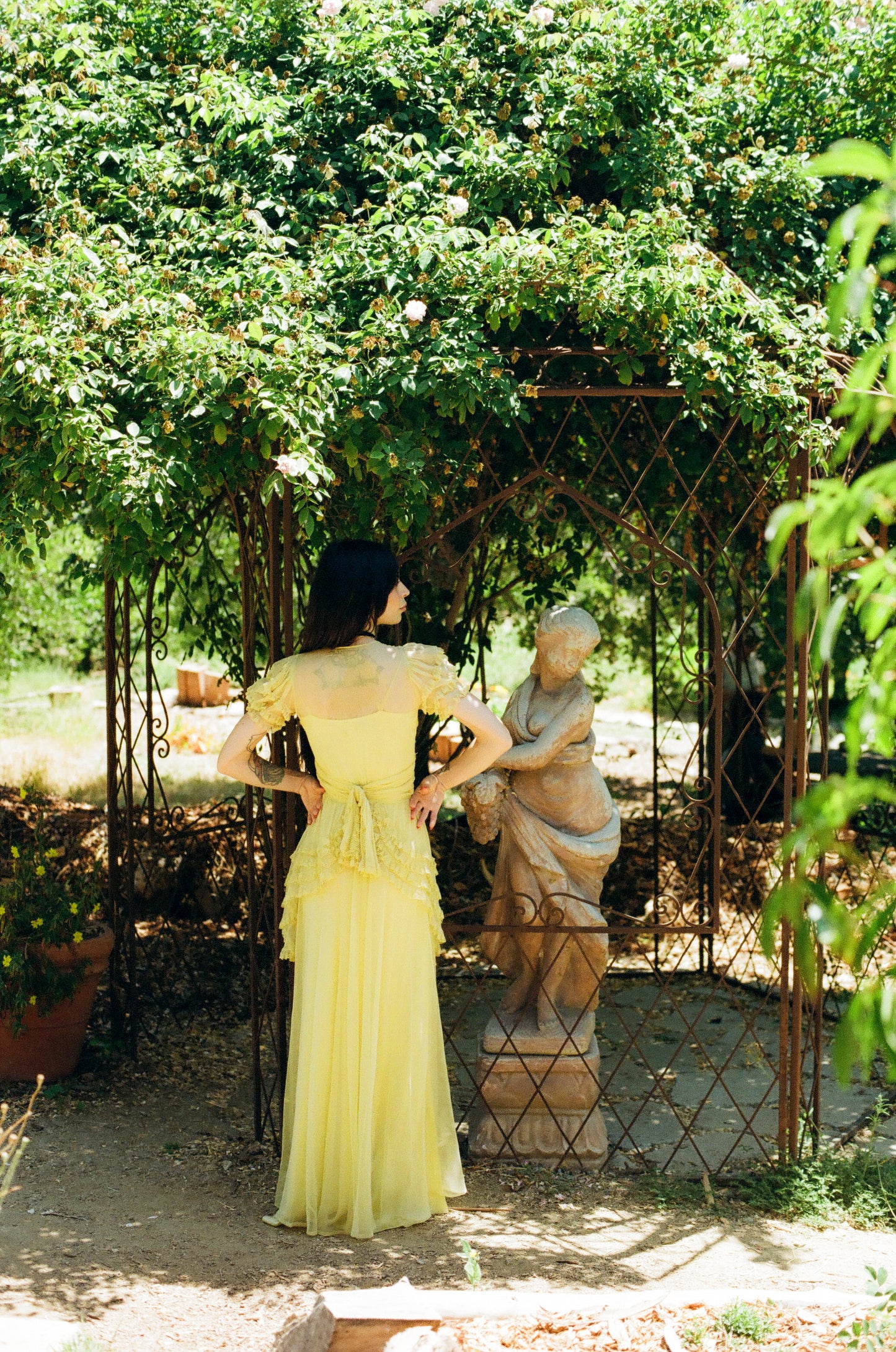 Rare Antique 1930's Silk Chiffon Butter Yellow Dress with Lace Details