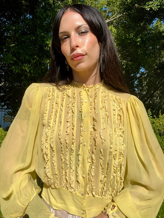 Antique 1930's Silk Chiffon Blouse with Balloon Sleeves in Sunflower Yellow