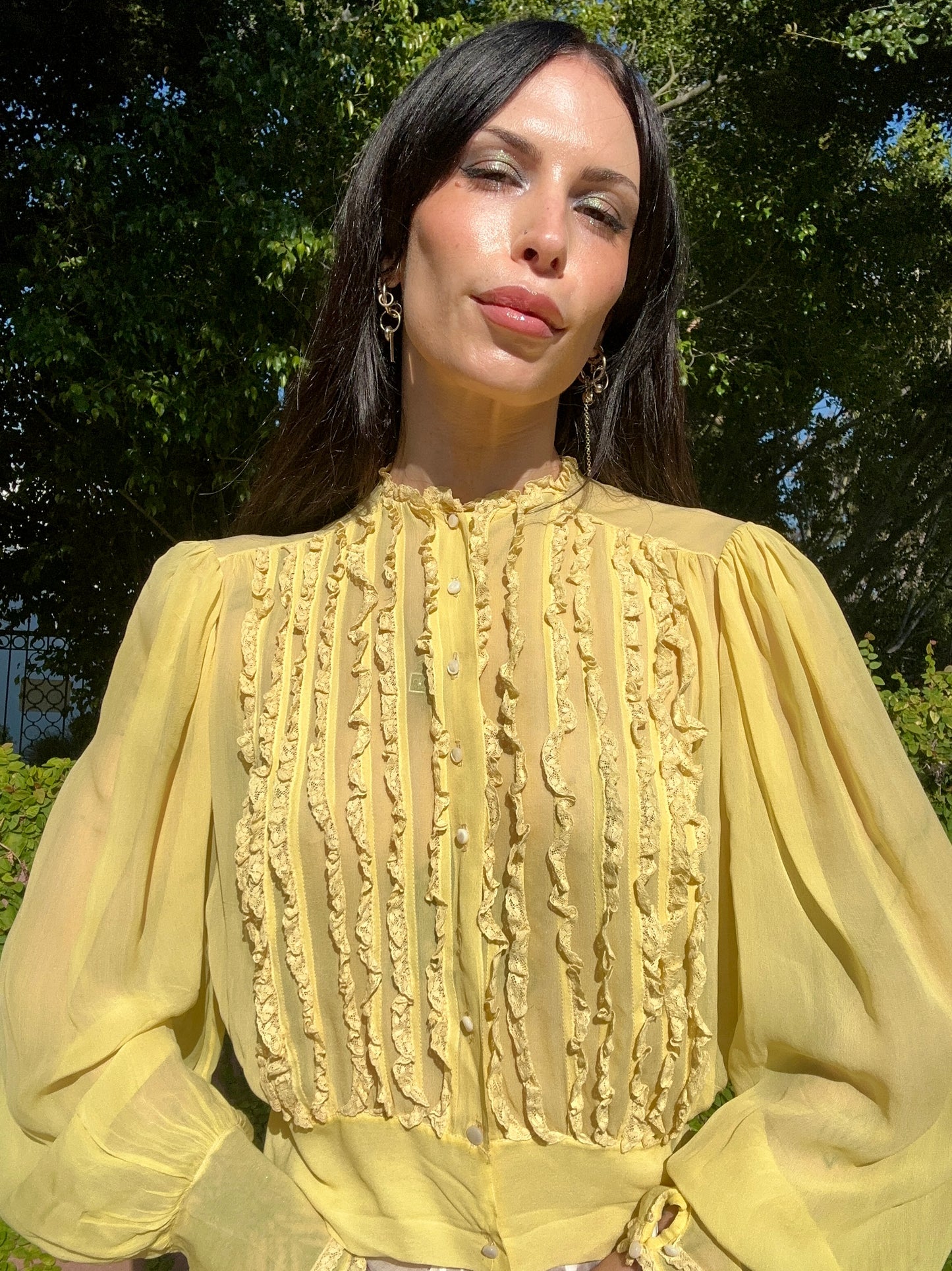 Antique 1930's Silk Chiffon Blouse with Balloon Sleeves in Sunflower Yellow