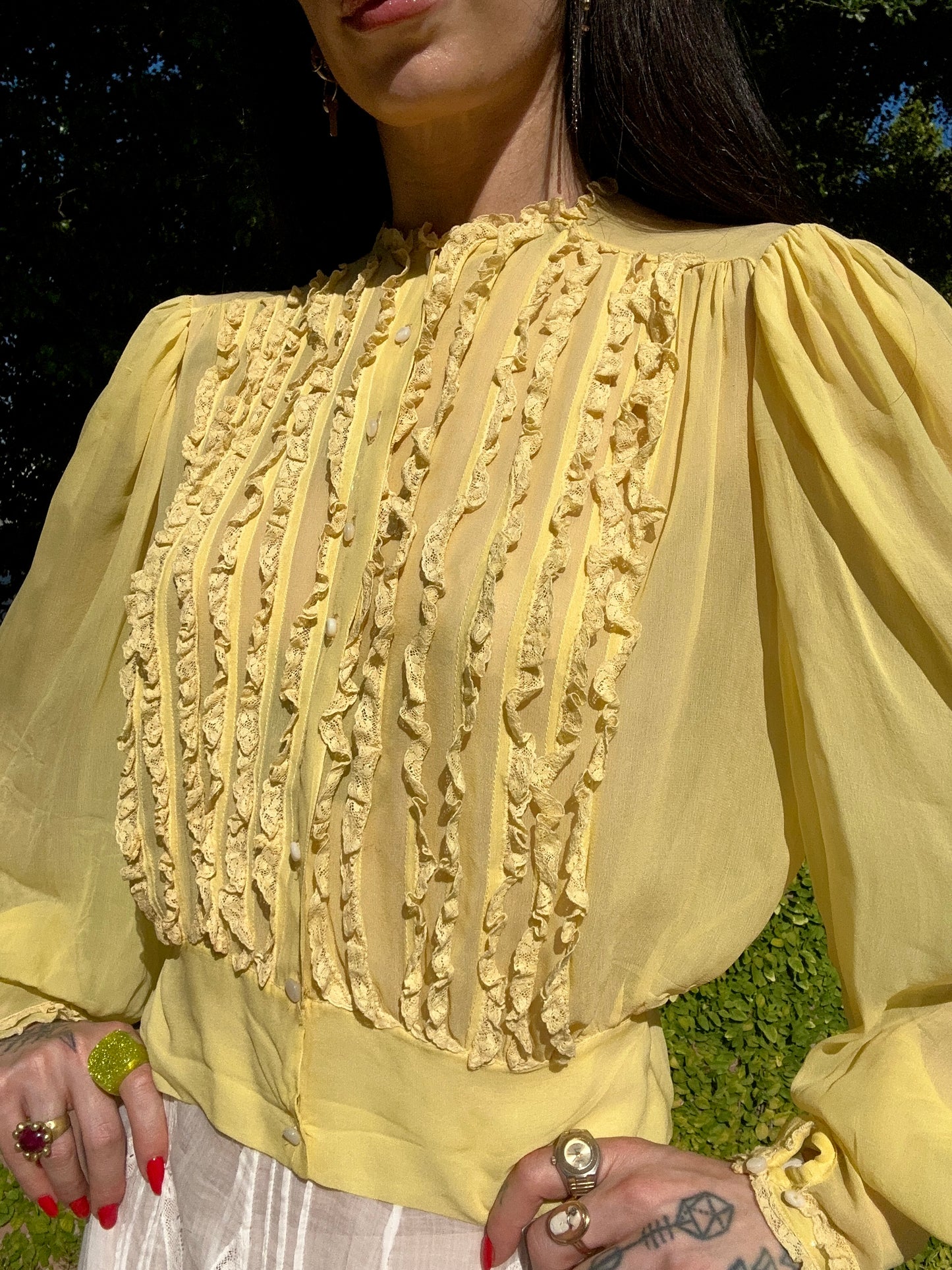 Antique 1930's Silk Chiffon Blouse with Balloon Sleeves in Sunflower Yellow