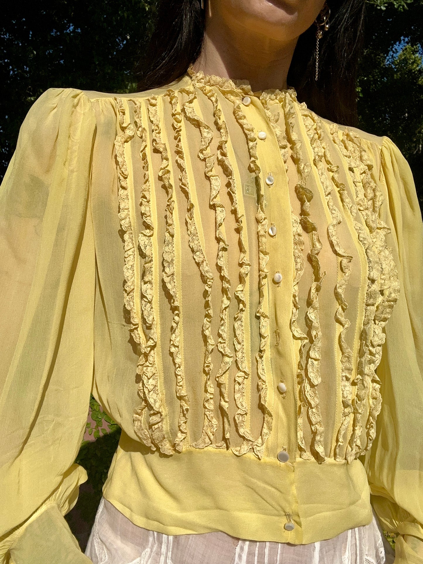 Antique 1930's Silk Chiffon Blouse with Balloon Sleeves in Sunflower Yellow